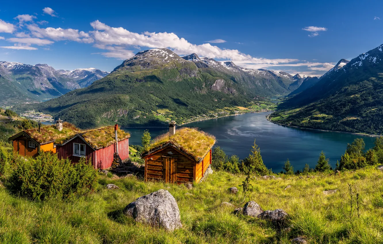 Photo wallpaper landscape, mountains, nature, river, home, Norway, Olden