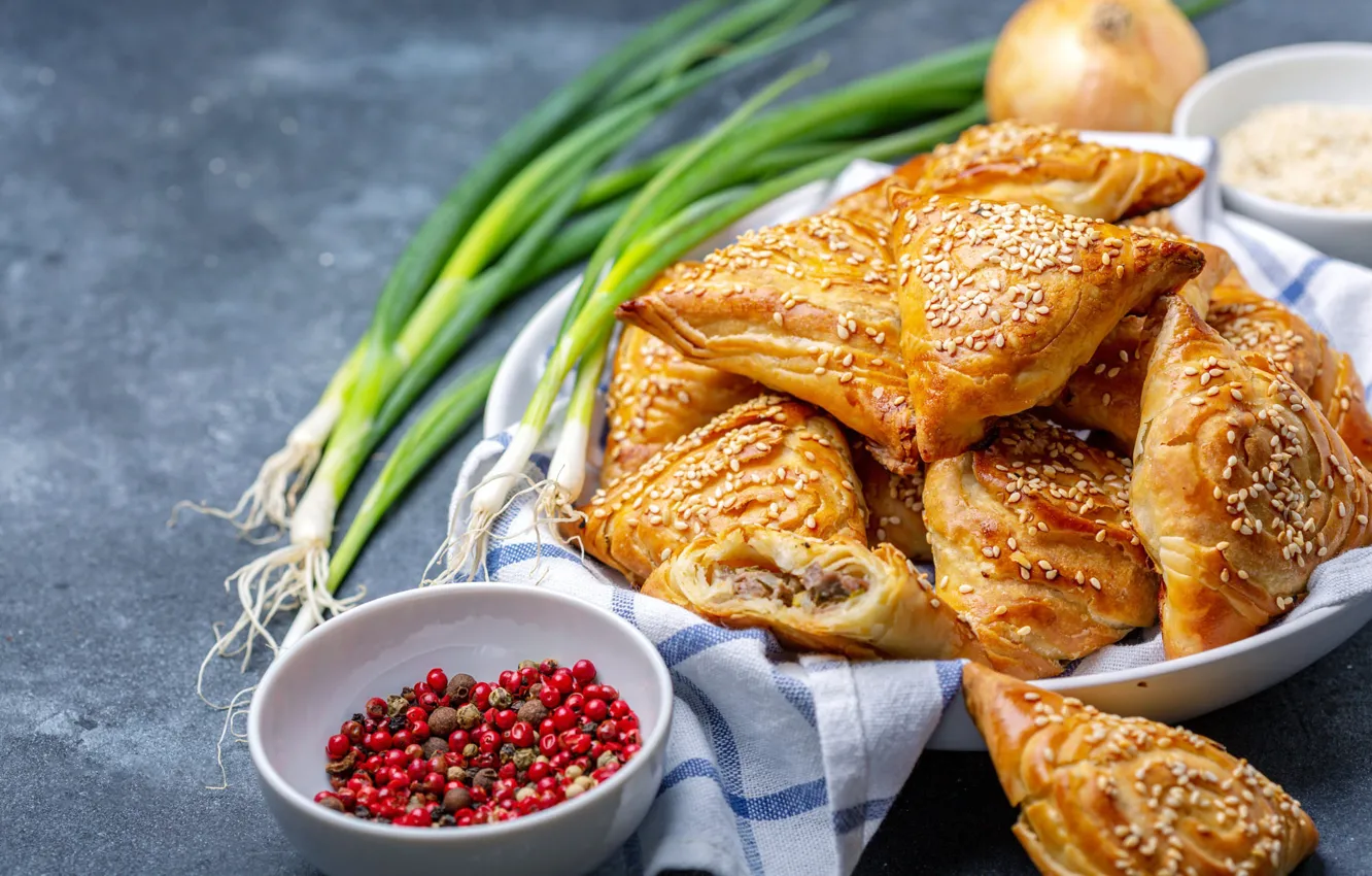 Photo wallpaper table, towel, bow, plate, pie, gentle, bowl, blush