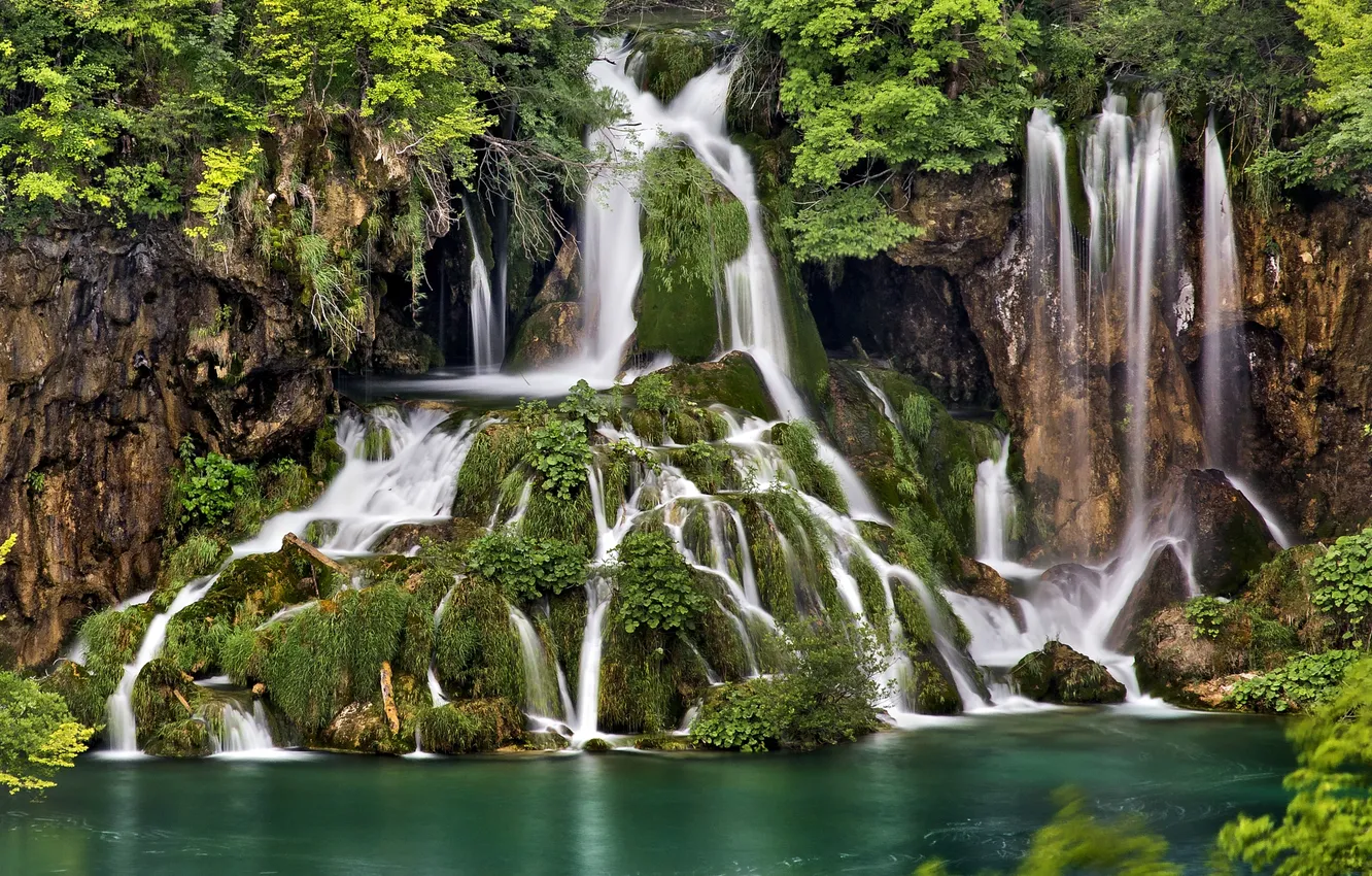Photo wallpaper forest, lake, waterfalls, Plitvice