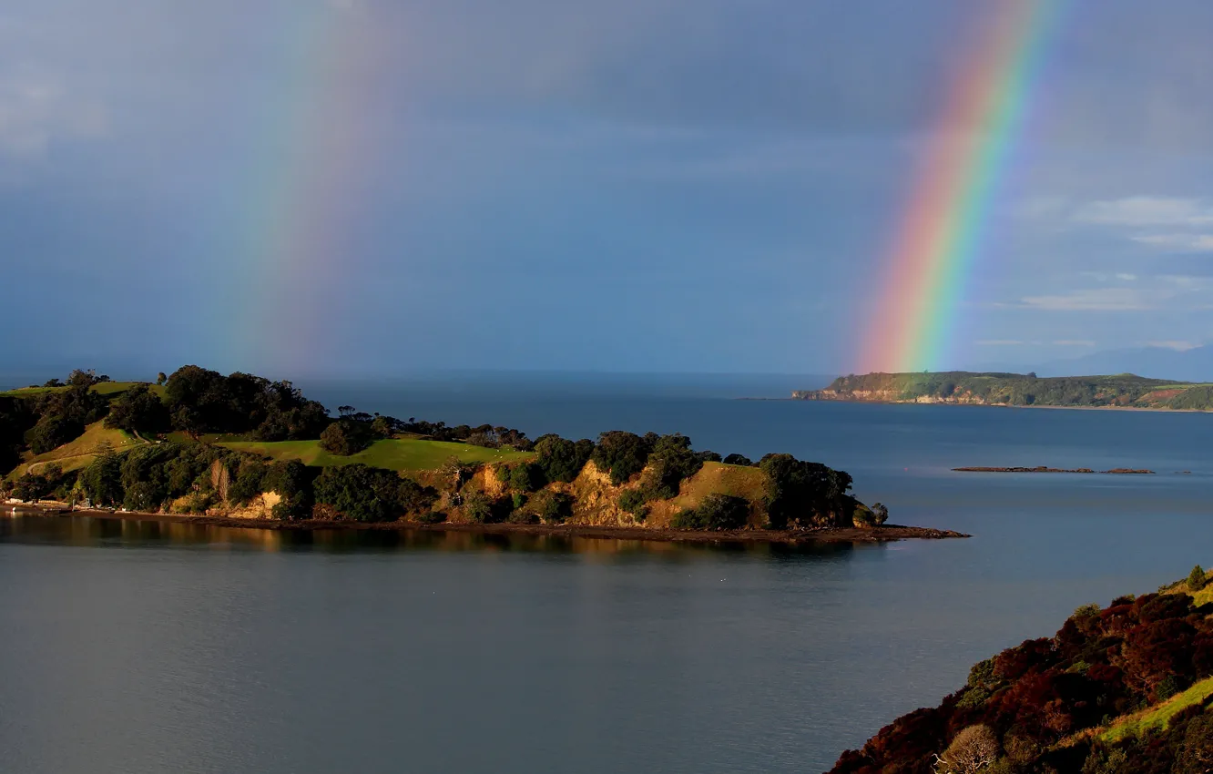 Photo wallpaper rainbow, pond, island, vegetation, the sky, shore