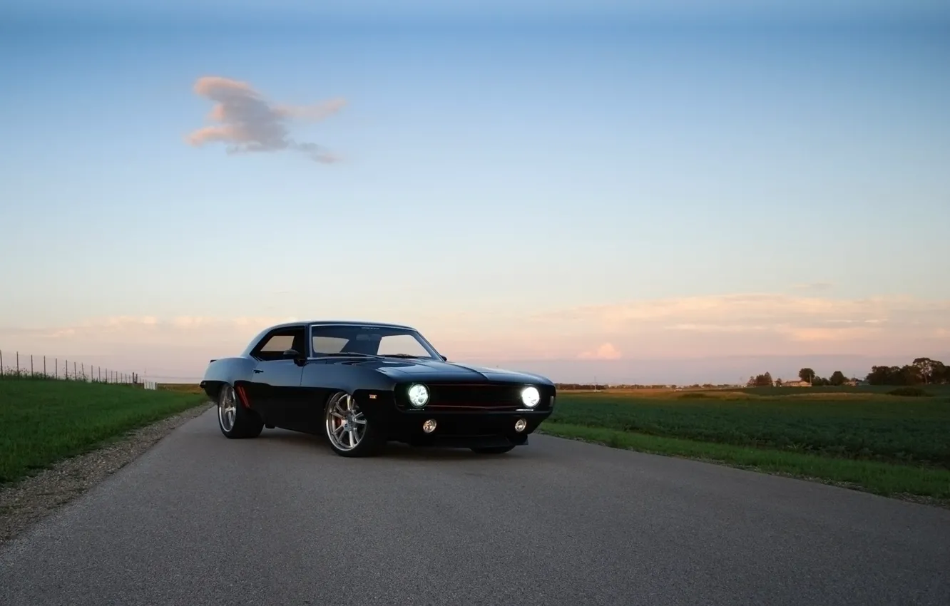 Photo wallpaper road, the sky, black, tuning, coupe, Chevrolet, 1969, Camaro