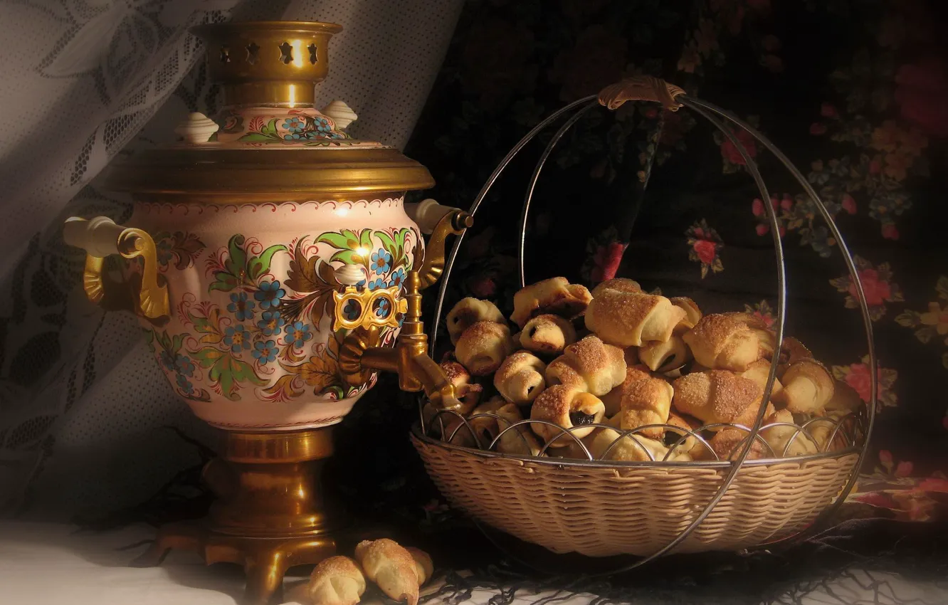 Photo wallpaper table, pattern, tea, cookies, still life, basket, samovar, shawl