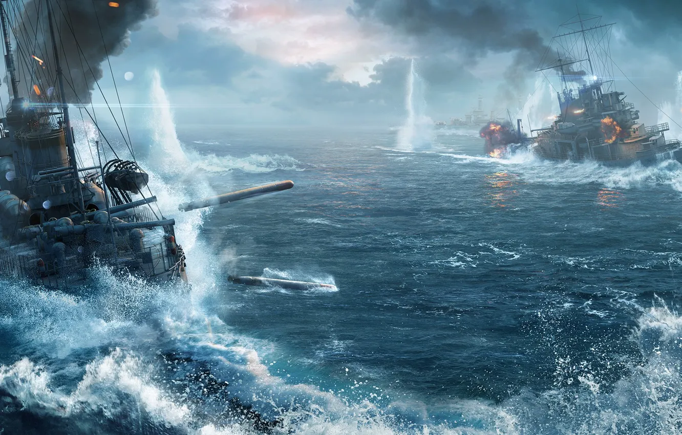 Photo wallpaper wave, the sky, water, clouds, lights, flame, smoke, ship