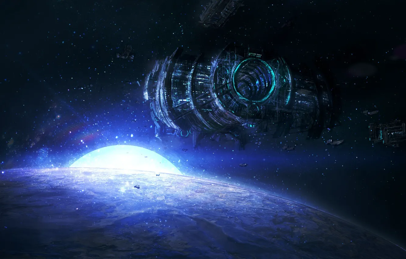 Photo wallpaper space, stars, ship, planet, art