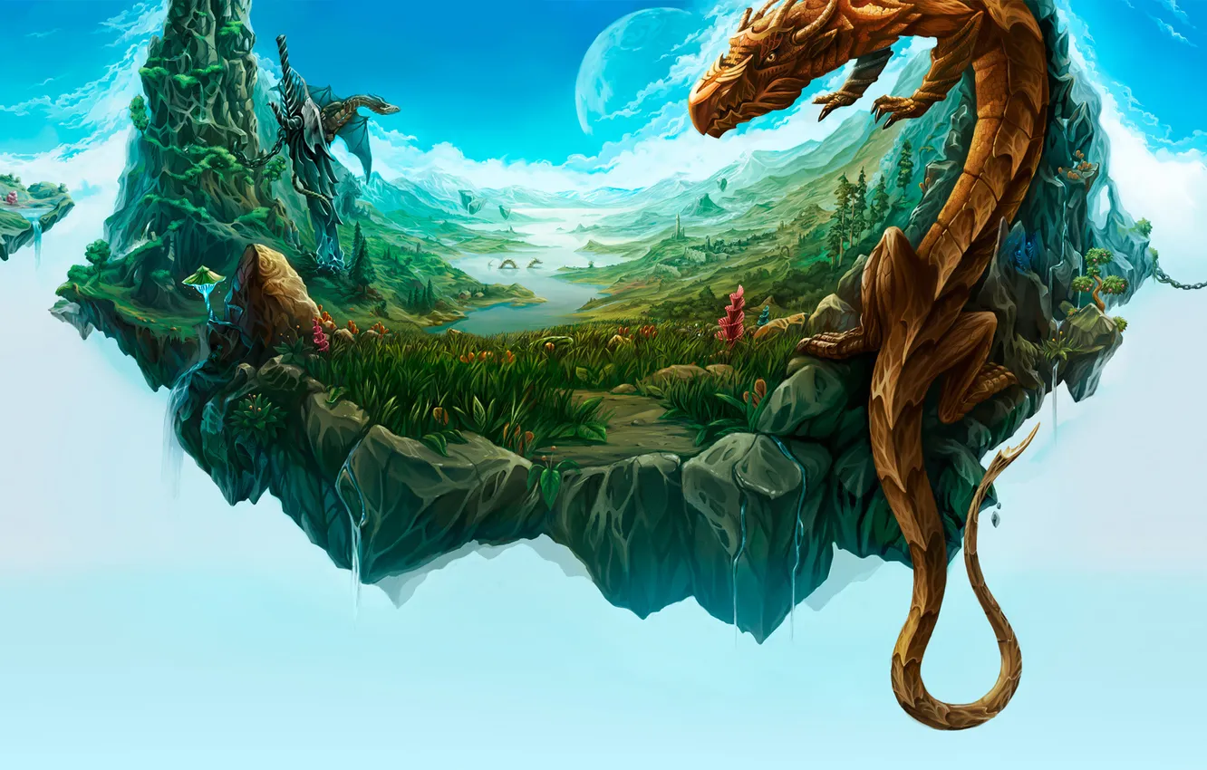 Photo wallpaper grass, flowers, mountains, river, the moon, dragon, island, waterfall