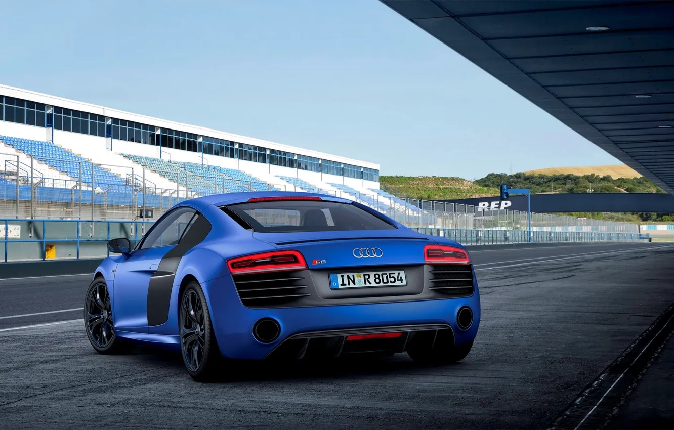 Photo wallpaper blue, Audi, Audi, sports car, track, tribune, V10