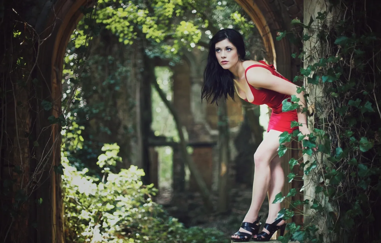 Photo wallpaper nature, brunette, the girl in the red