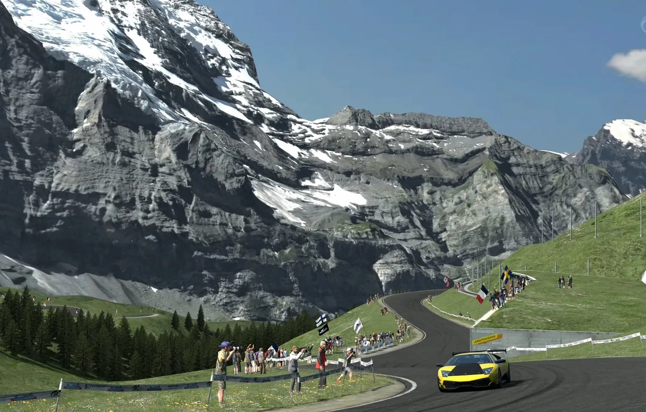 Photo wallpaper mountains, race, Lamborghini, GT5