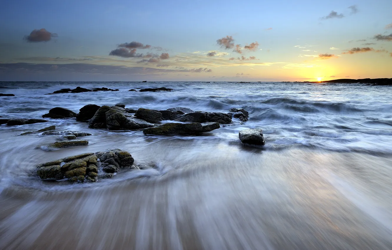 Photo wallpaper sea, landscape, sunset, stones