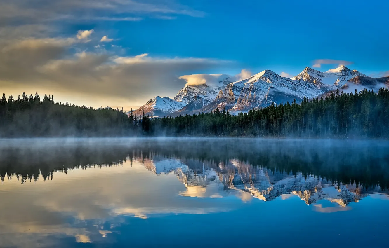 Photo wallpaper the sky, clouds, mountains, lake, reflection, calm, morning, Canada