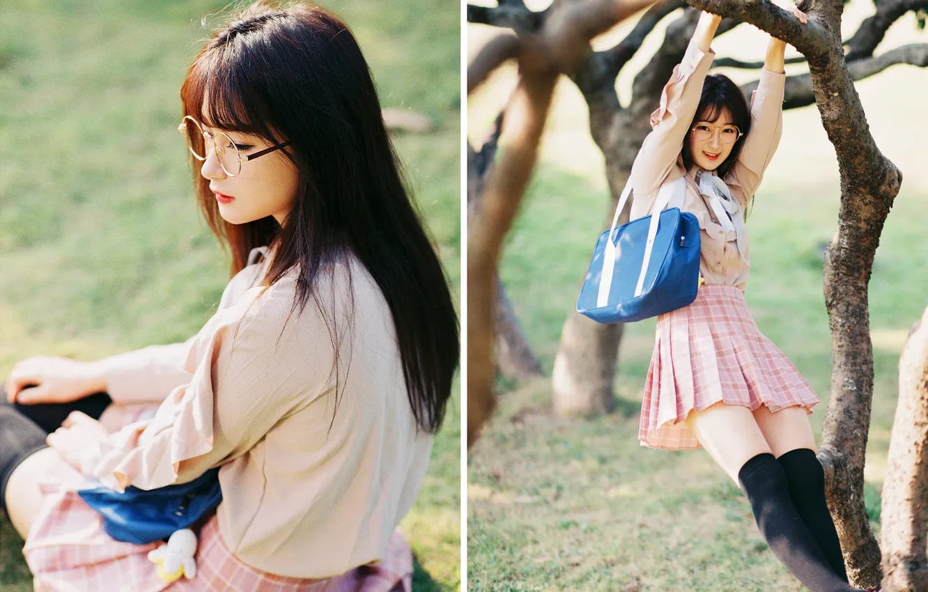 Photo wallpaper trees, woman, smile, beautiful, model, pretty, asian, bag