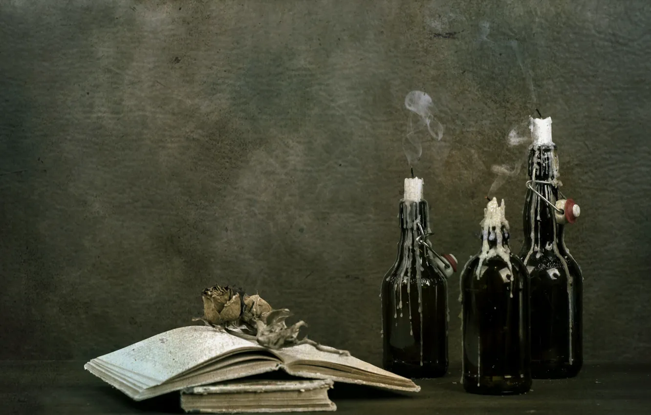 Photo wallpaper bottle, roses, candles, book