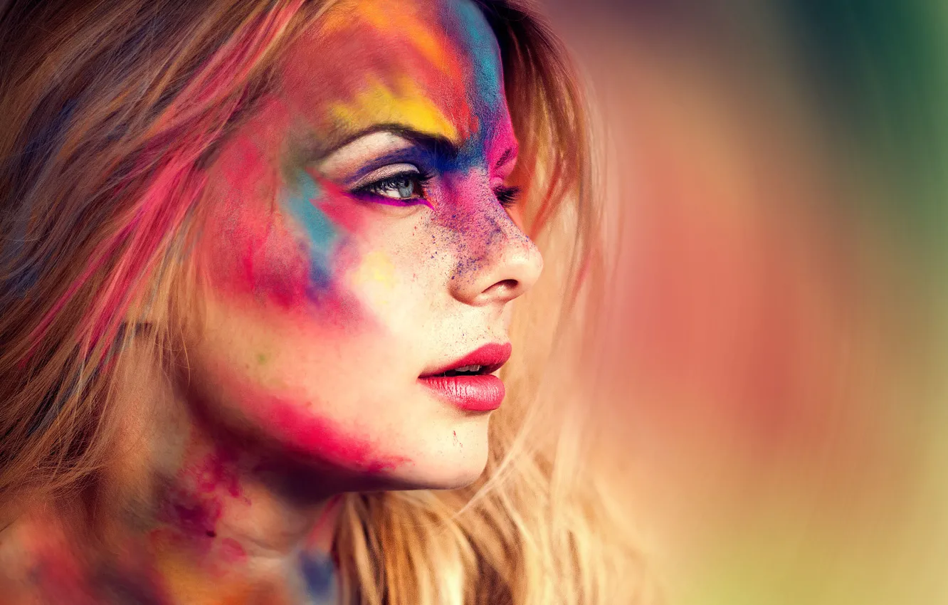 Photo wallpaper look, girl, face, paint, hair, color, profile