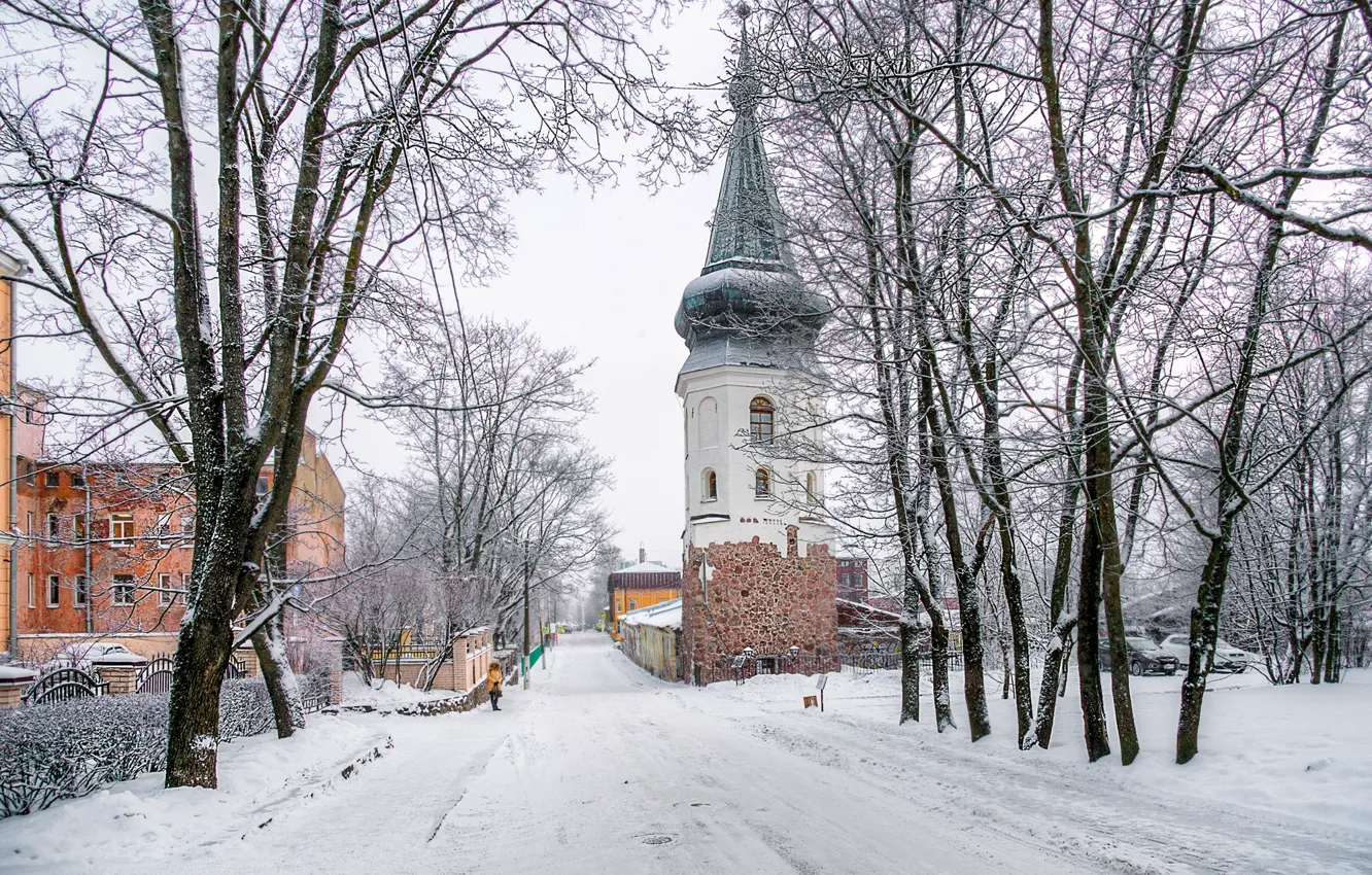 Photo wallpaper winter, road, snow, trees, building, tower, Russia, Eduard Gordeev