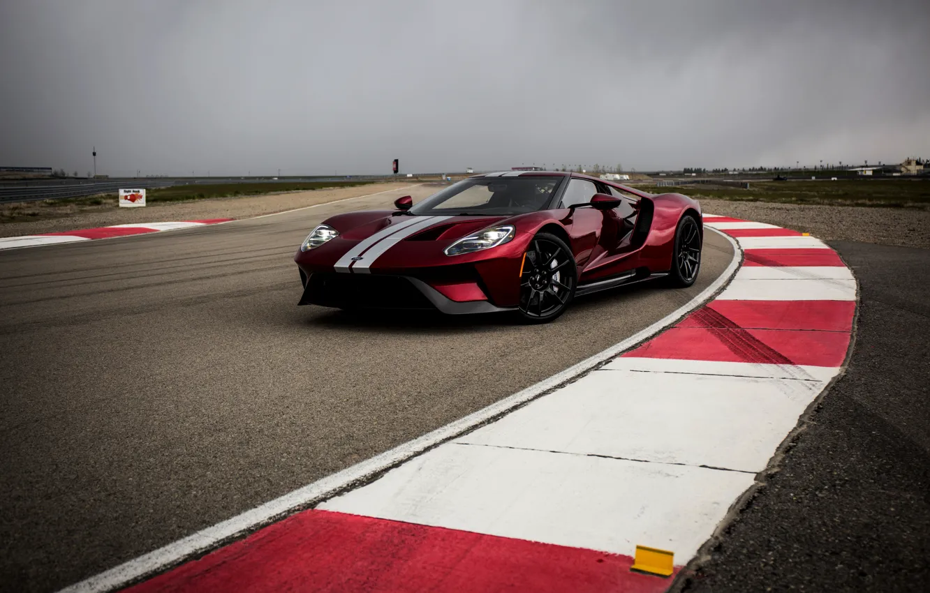 Photo wallpaper the sky, asphalt, overcast, markup, track, Ford, Ford GT, curbs