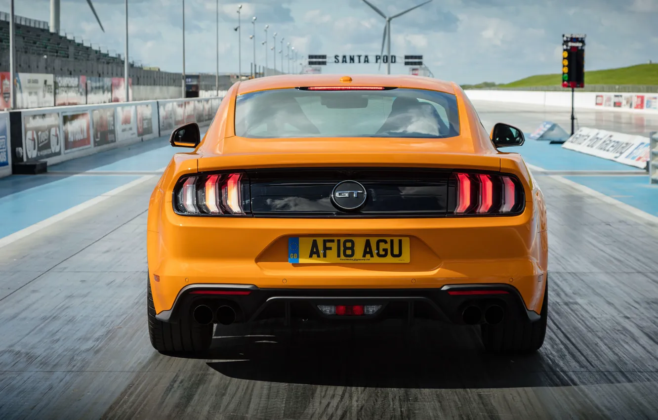 Photo wallpaper orange, Ford, rear view, Fastback, 2018, Mustang GT