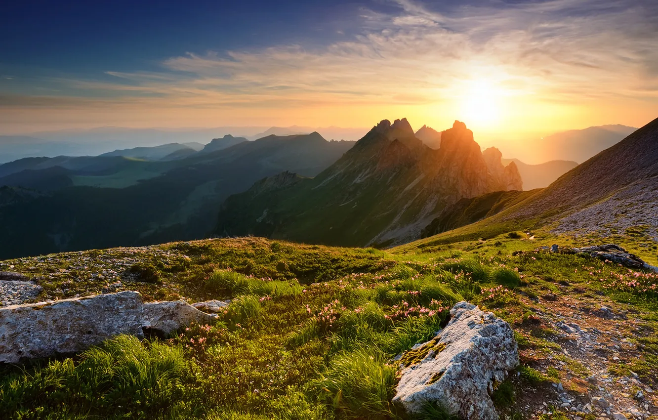 Photo wallpaper the sun, mountains, morning
