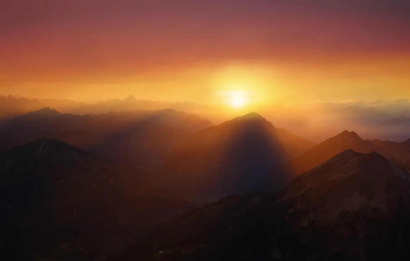 Photo wallpaper sunset, mountains, haze