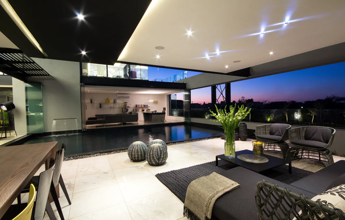 Photo wallpaper water, light, flowers, table, sofa, furniture, home, interior