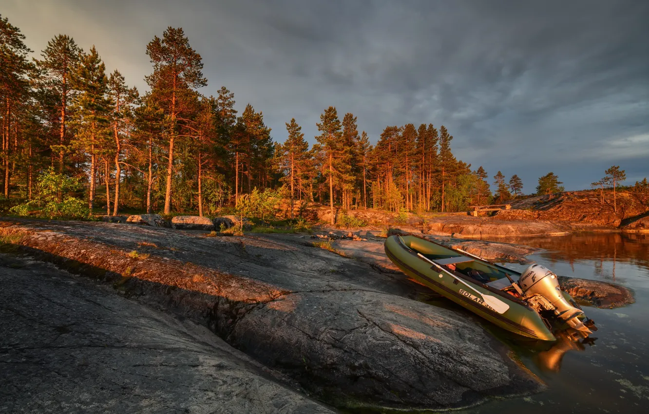 Photo wallpaper forest, landscape, sunset, nature, lake, stones, boat, the evening