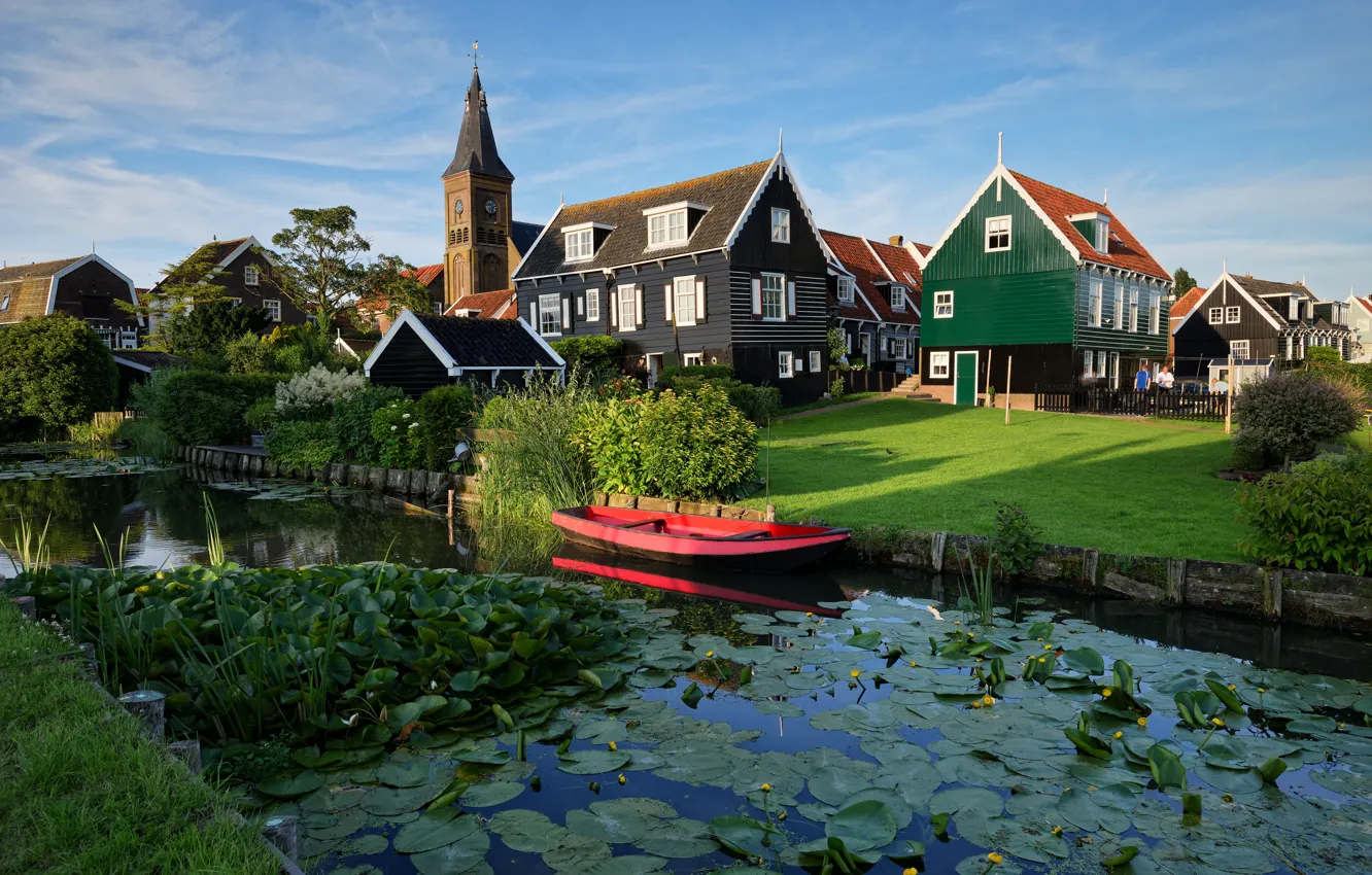 Photo wallpaper pond, boat, home, Netherlands, Marken