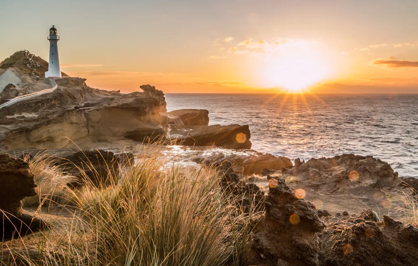 Photo wallpaper grass, the sun, rays, landscape, nature, stones, the ocean, rocks