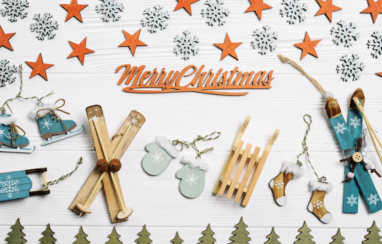 Photo wallpaper snowflakes, holiday, ski, new year, Christmas, sled, stars, mittens