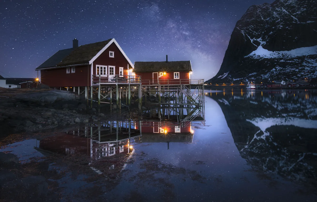 Photo wallpaper water, mountains, night, reflection, home, Norway, The milky way, Norway