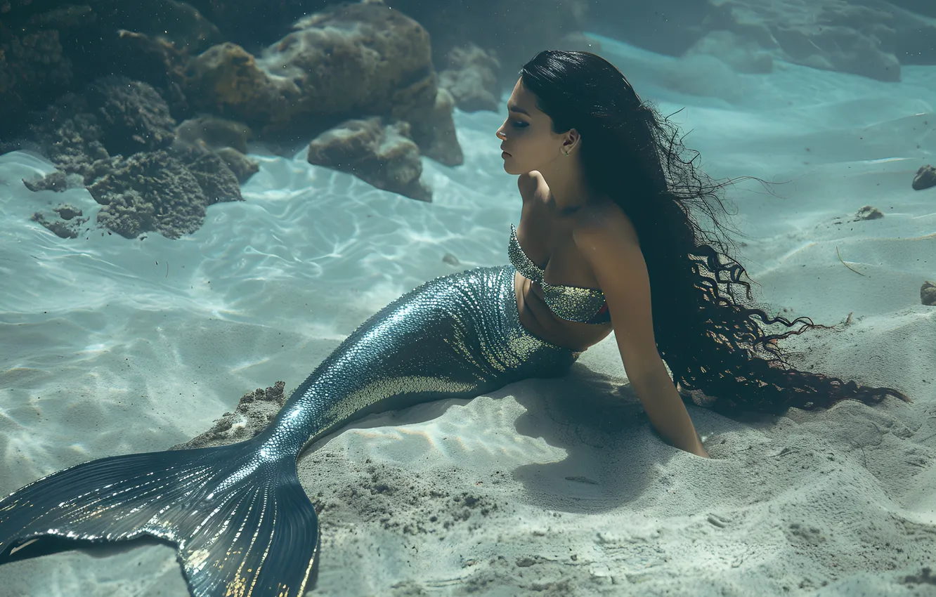 Photo wallpaper sand, girl, hair, mermaid, the bottom, tail, underwater world, digital art