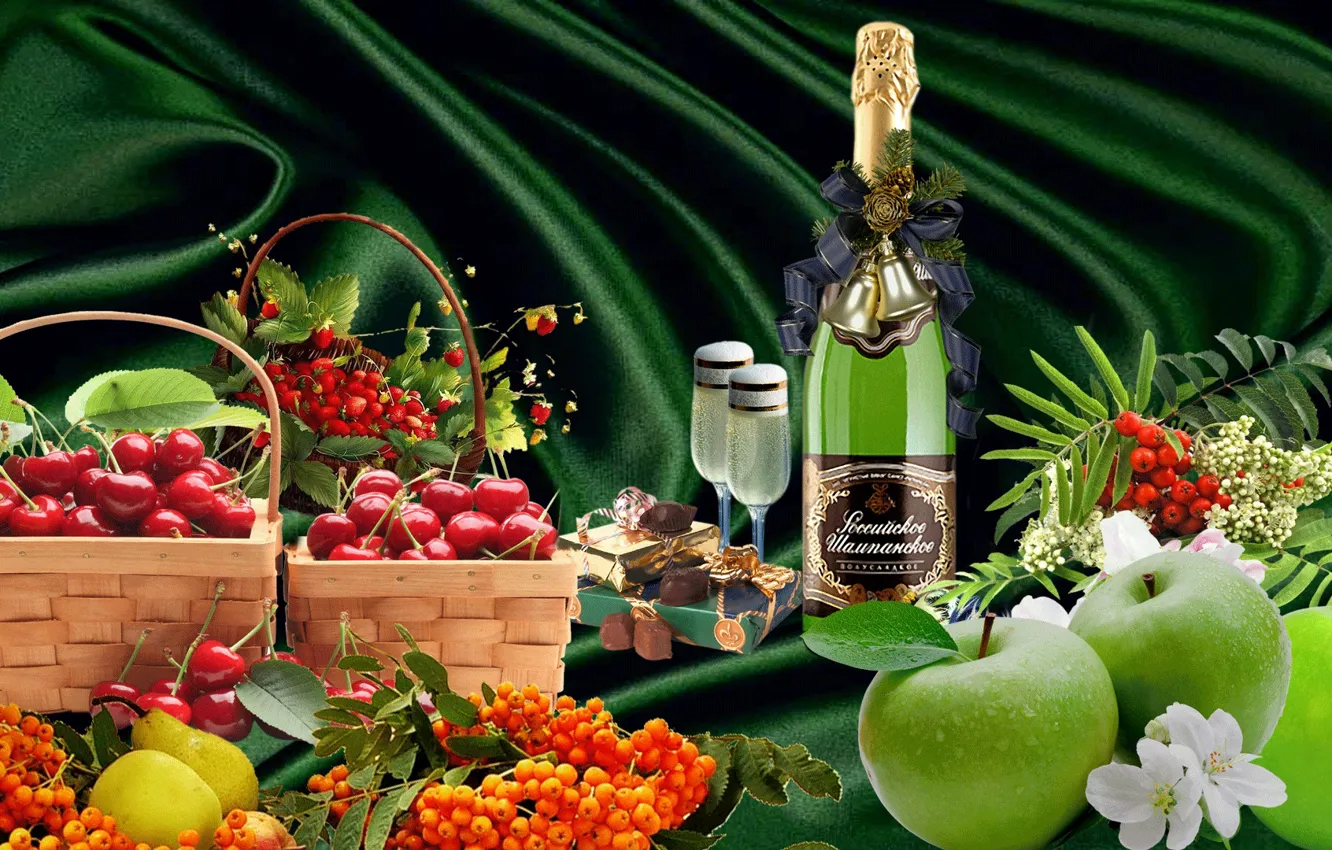 Photo wallpaper cherry, apples, still life, champagne, Rowan