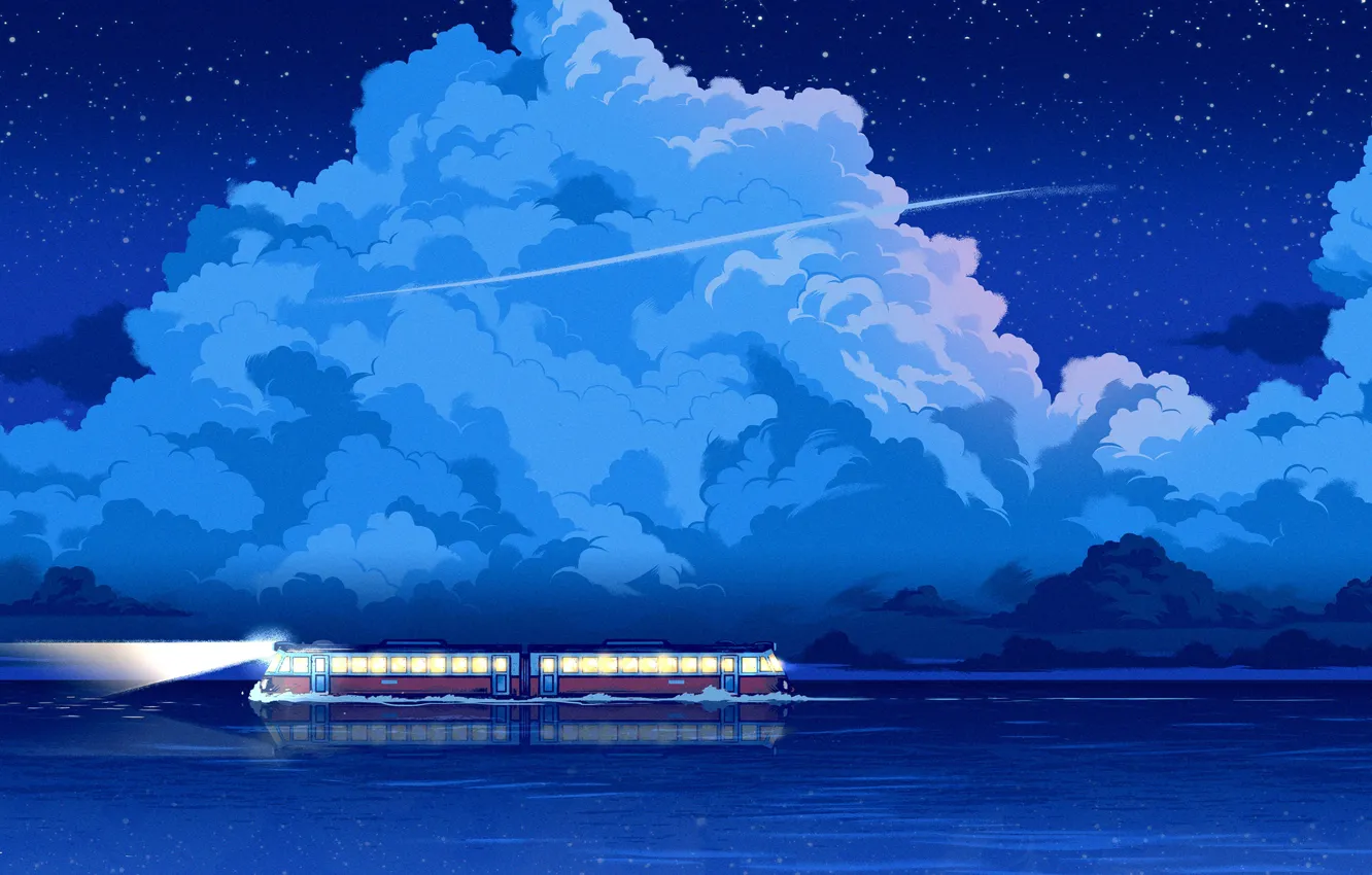 Photo wallpaper Water, Clouds, Reflection, Sea, Night, Stars, Style, Train