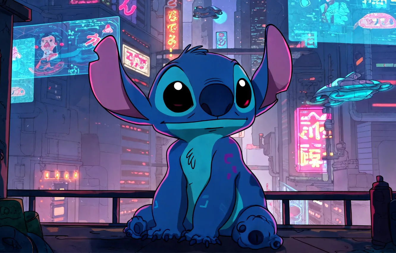 Photo wallpaper night, alien, night city, alien, characters, Stitch, fantasy art, Stitch