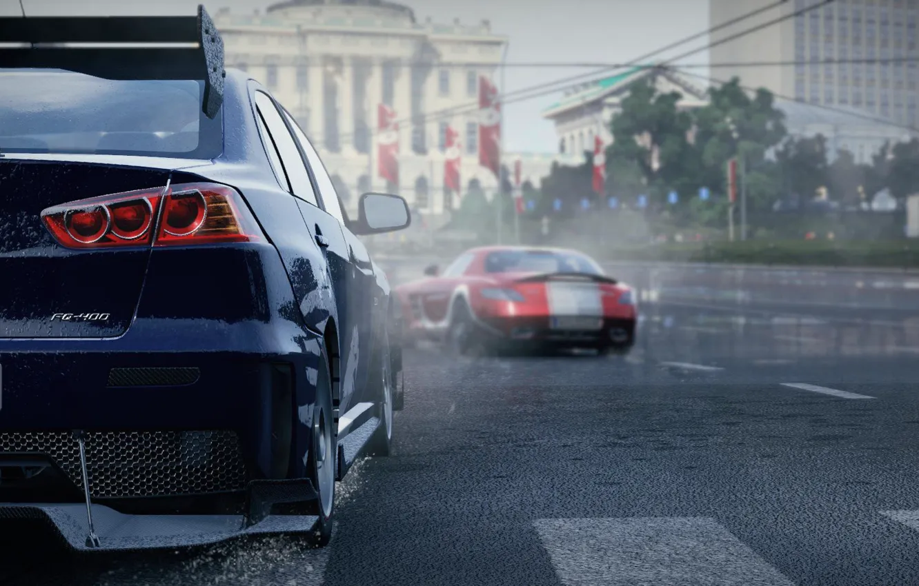 Photo wallpaper Mitsubishi, Lancer, Mercedes, SLS, 2014, Slightly Mad Studios, WOS, World Of Speed