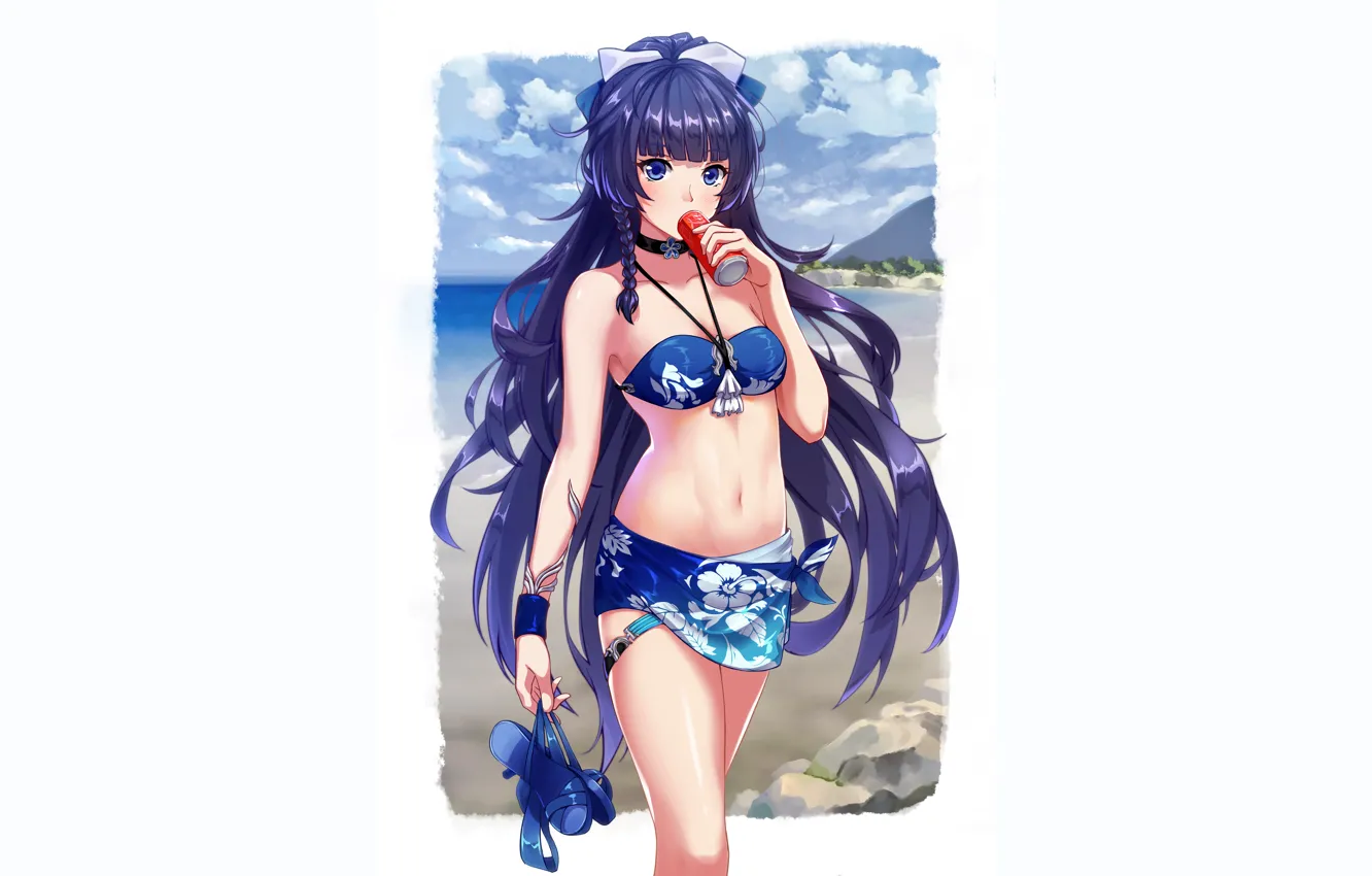 Photo wallpaper girl, sexy, cleavage, beach, long hair, sea, boobs, anime