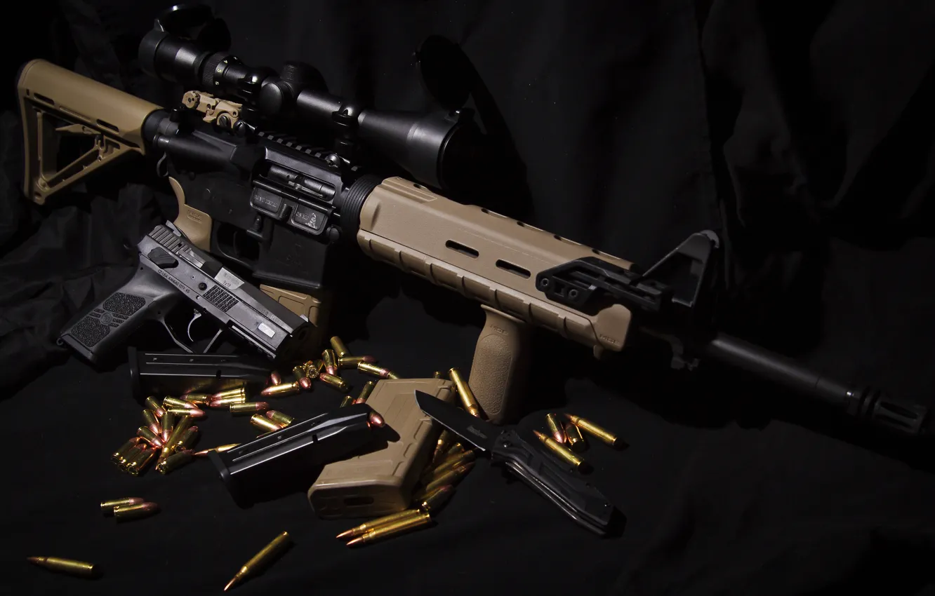 Photo wallpaper gun, weapons, knife, AR-15, assault rifle, CZ P-07