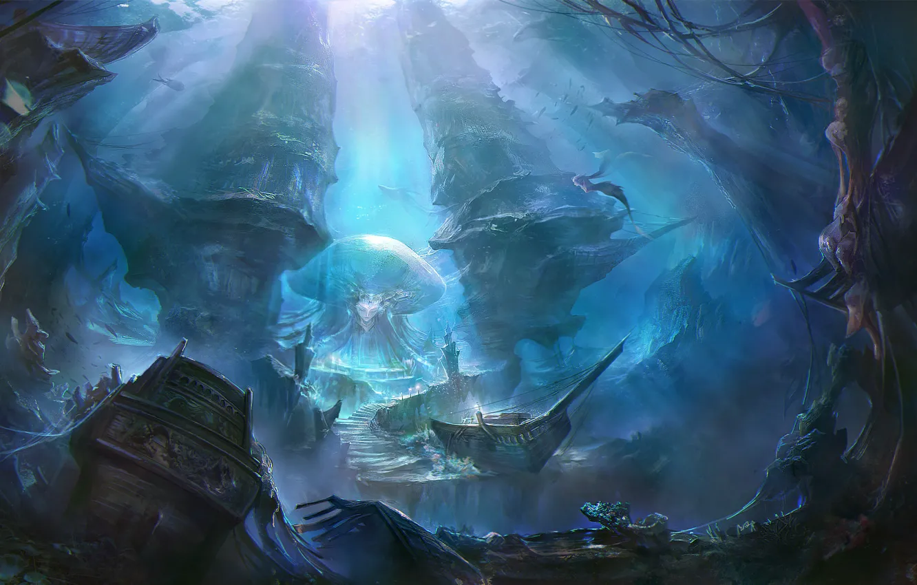 Photo wallpaper fish, ships, the skeleton, art, steps, ruins, underwater world, mermaid