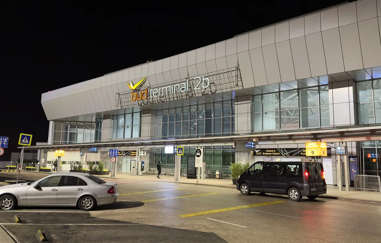 Photo wallpaper machine, night, building, Parking, airport, Hungary, Budapest, Terminal