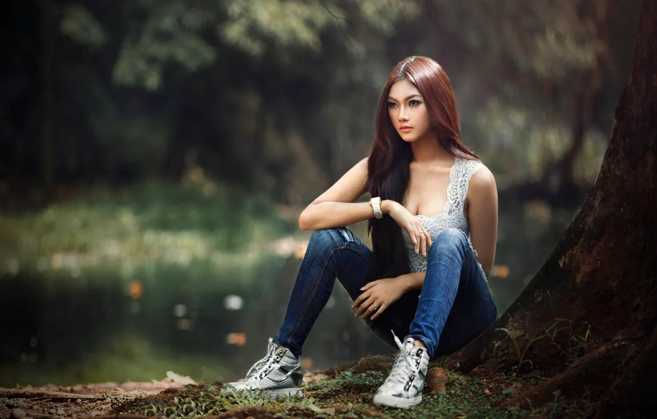 Photo wallpaper girl, trees, nature, jeans, brown hair, top, Asian, sneakers