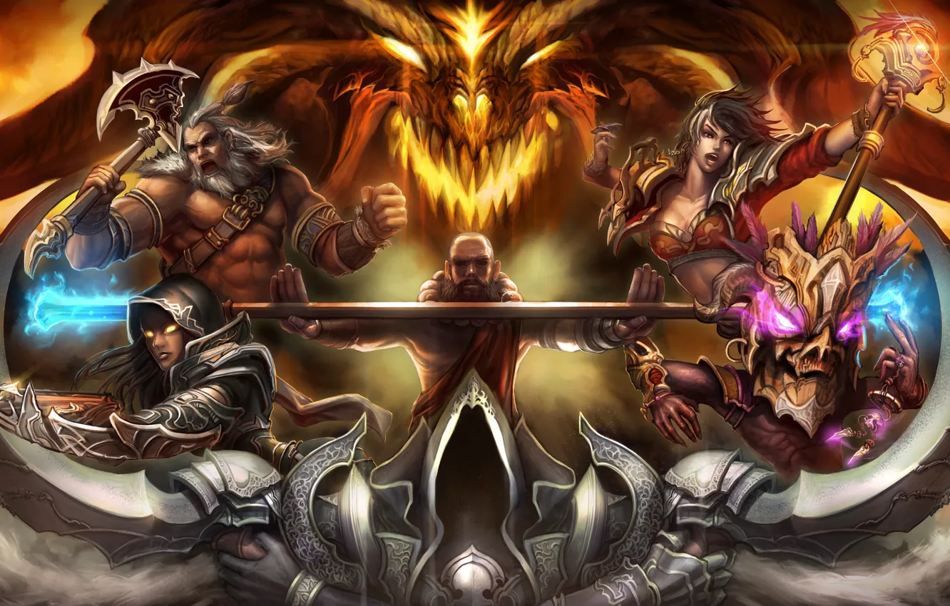 Photo wallpaper Diablo 3, wizard, monk, Demon Hunter, Witch Doctor, Barbarian
