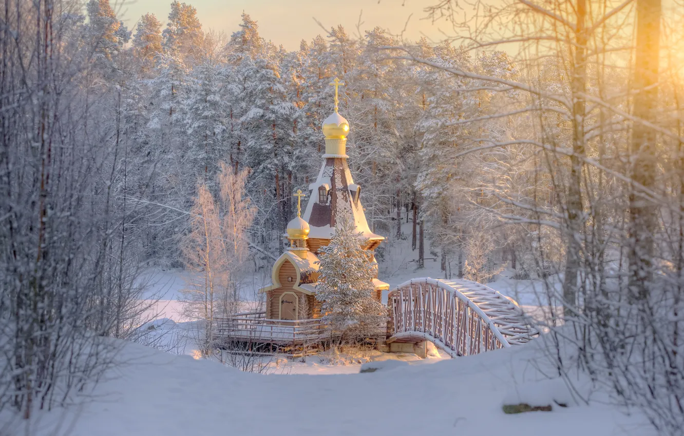 Photo wallpaper winter, forest, snow, bridge, temple, Russia, Leningrad oblast, Eduard Gordeev
