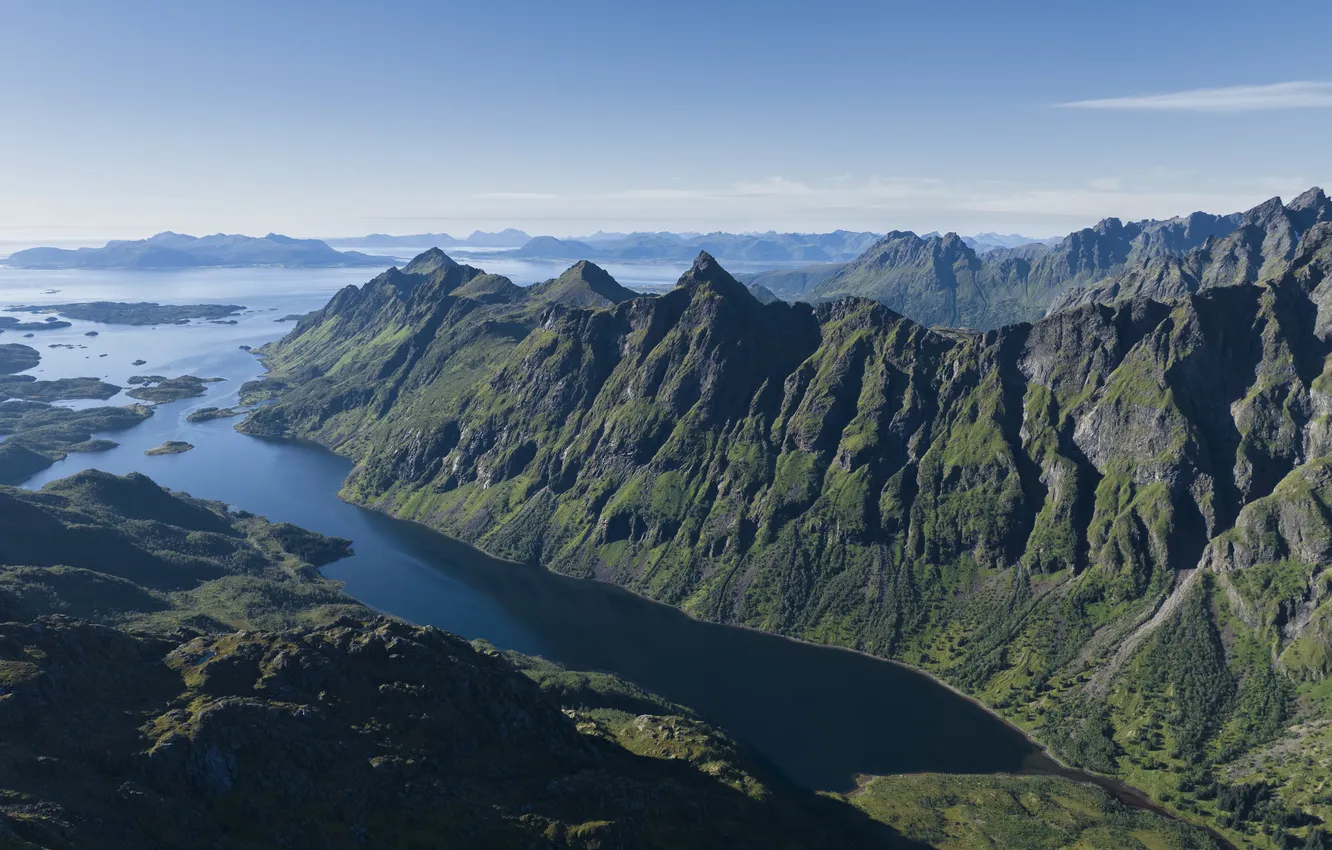 Photo wallpaper the sky, mountains, Bay