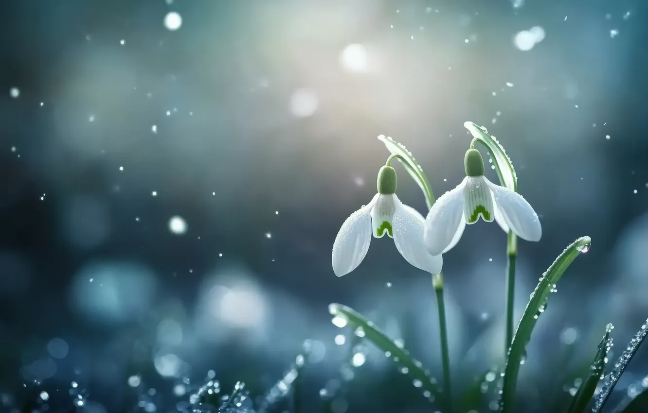Photo wallpaper drops, light, snow, flowers, spring, snowdrops, white, a couple