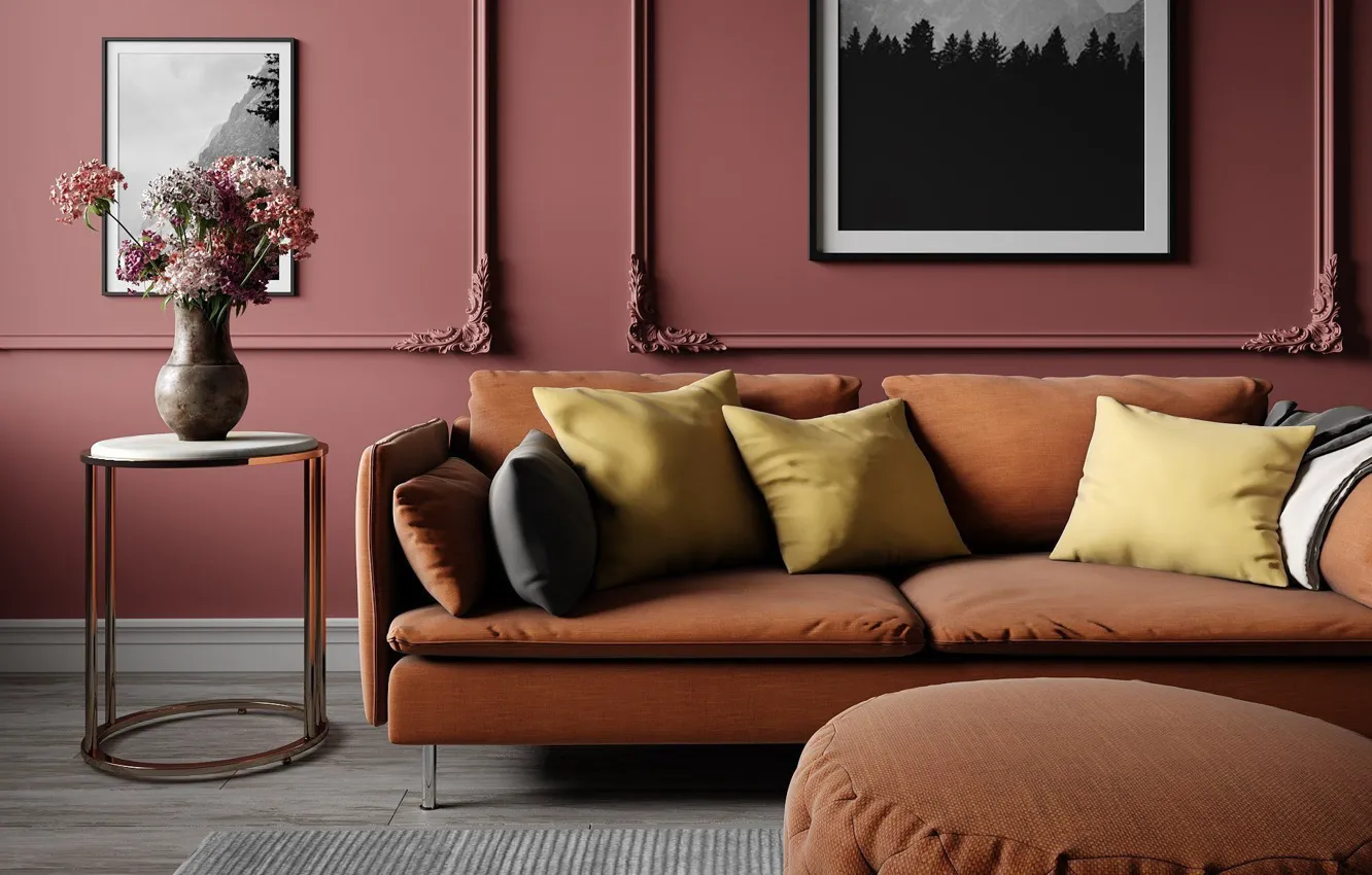 Photo wallpaper flowers, design, style, interior, picture, vase, sofa, living room