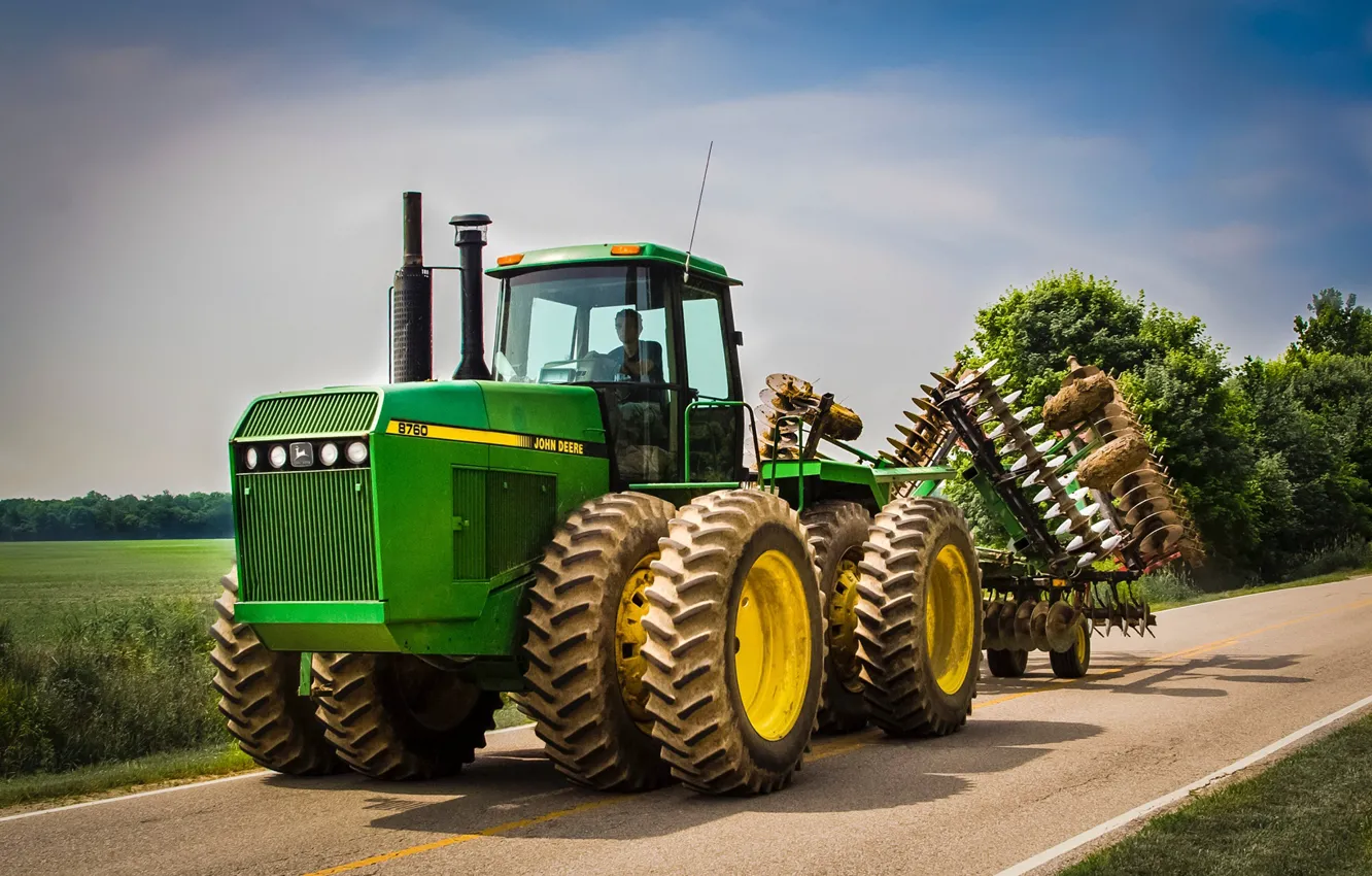 Photo wallpaper road, field, the sky, wheel, pipe, tractor, driver, drives