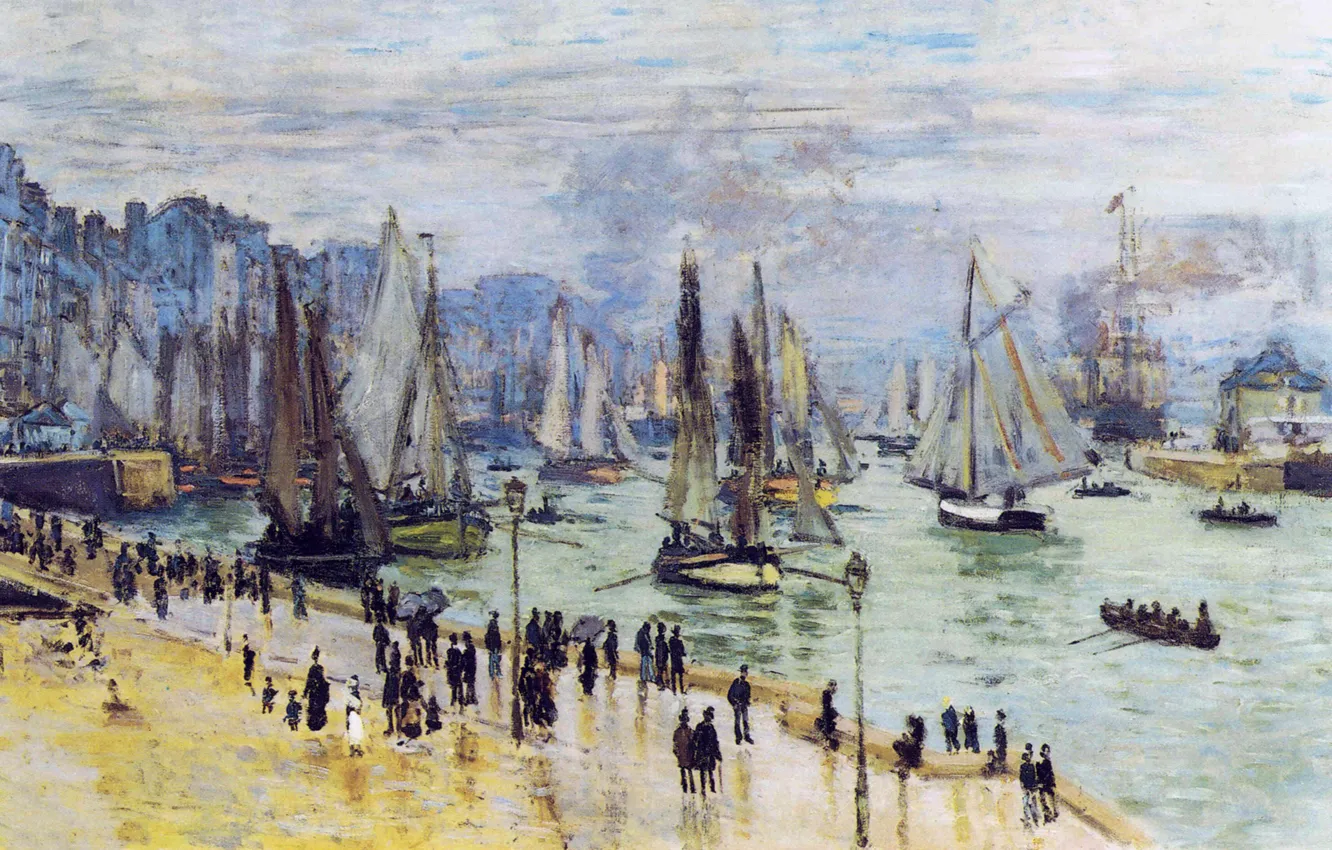 Photo wallpaper people, picture, sail, promenade, seascape, Claude Monet, Fishing Boats Leave The Harbor. Le Havre