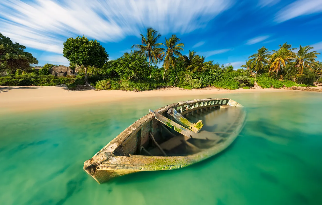 Photo wallpaper sand, sea, beach, the sky, clouds, trees, tropics, blue
