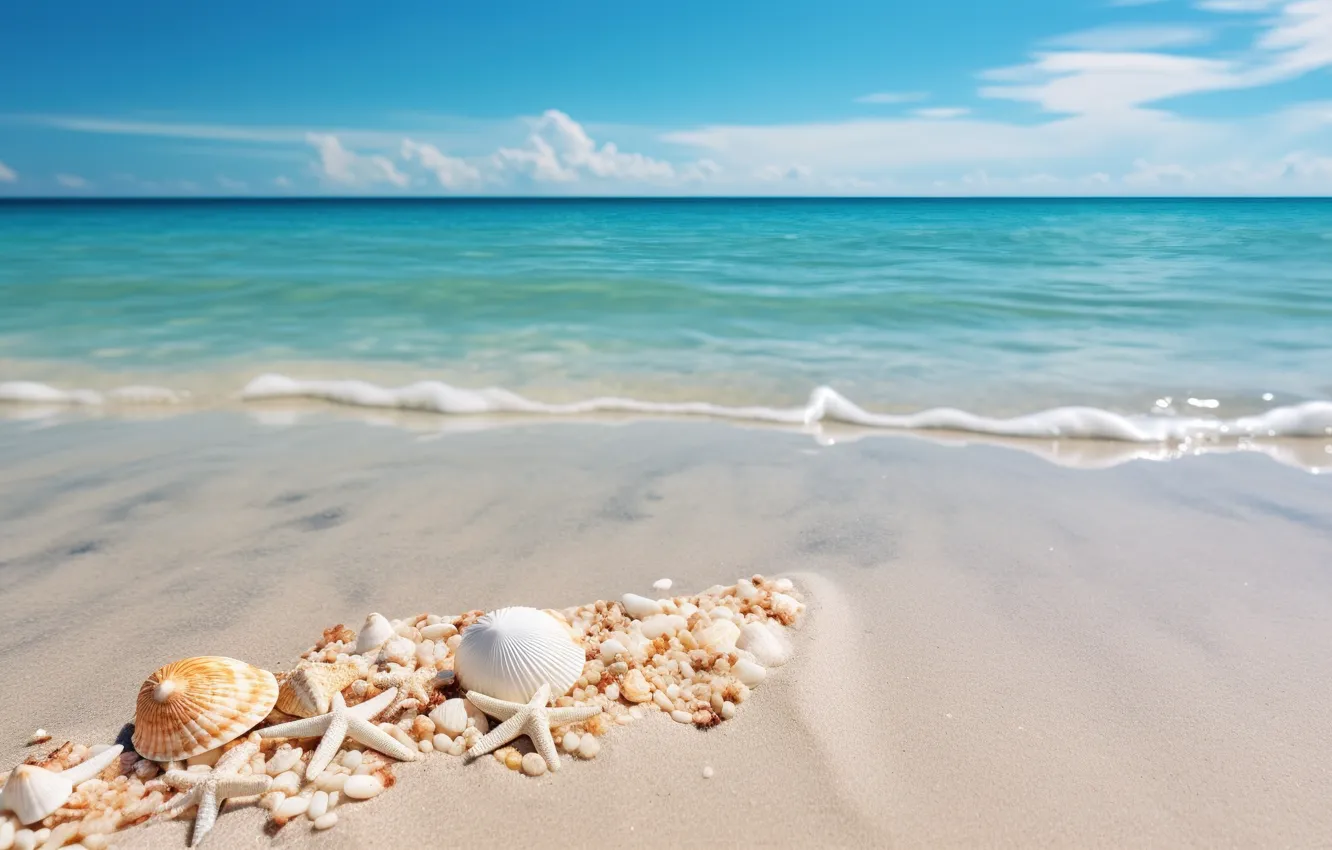 Photo wallpaper sea, beach, the ocean, shore, shell, starfish, seashells, seashell