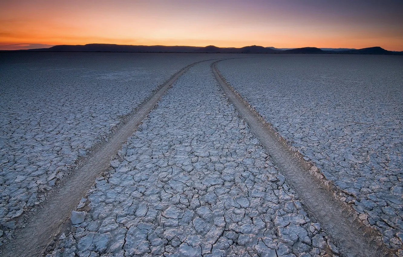 Photo wallpaper road, sunset, lake, mood