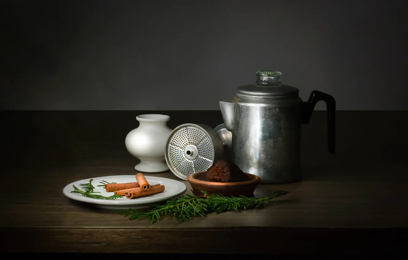 Photo wallpaper table, coffee, hammer, plate, still life, cinnamon, needles, items