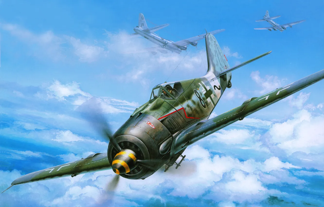 Photo wallpaper the sky, clouds, war, attack, fighter, bomber, the plane, American